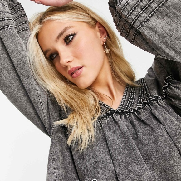 We The Free Free People charlotte smock top washed denim black peplum blouse top - Picture 14 of 15